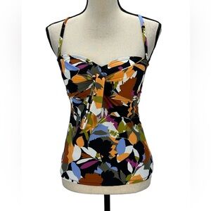 Bar III Bow Tie Front Leaf Print Tankini Top - Black Orange - size Medium